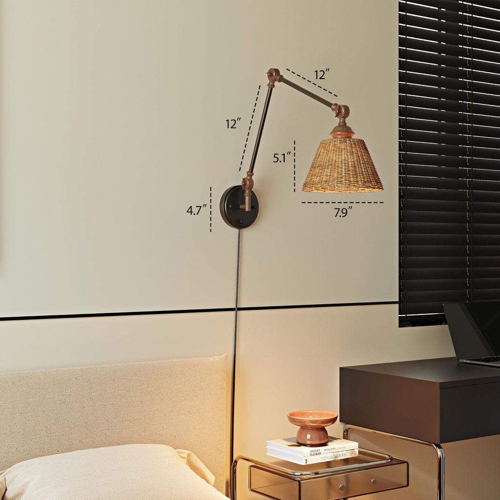 Plug in Wall Sconces Set of Two, Black Walnut Swing Arm Wall Lamp with 6.6FT Plug-in Cord and Knob Switch, Rattan