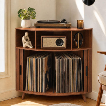 Corner Record Player Stand with Charging Station, Mid Century Modern Vinyl Storage Cabinet with Curved Door, Small