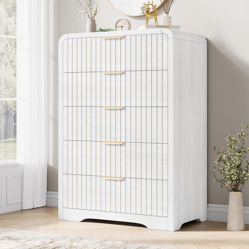 5 Drawer Dresser , Tall Chest of Drawers, Fluted Wood Dresser with Curved Profile Design, Modern Vertical Storage