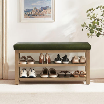 Shoe Rack Bench with Leather Cushion, 2 Tier Solid Wood Storage Bench, Mid-Century Modern Shoe Bench, Closet, Front