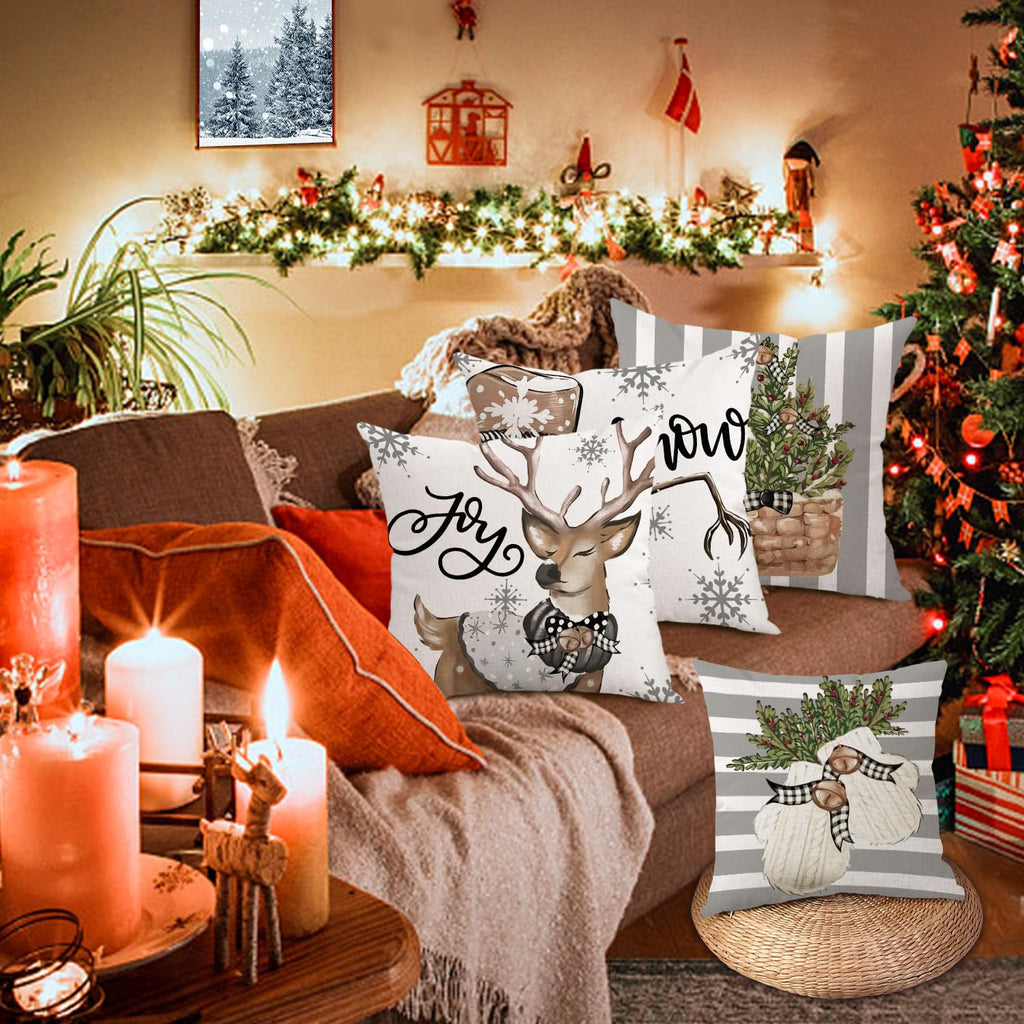 Black White Buffalo Check Plaids Christmas Pillow Covers 18x 18 Inches (Gray Stripe)