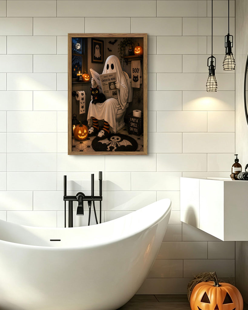 Funny Halloween Bathroom Wall Art, Ghost Black Cat Framed Canvas Print Poster, Cute Spooky Restroom Wall Decor