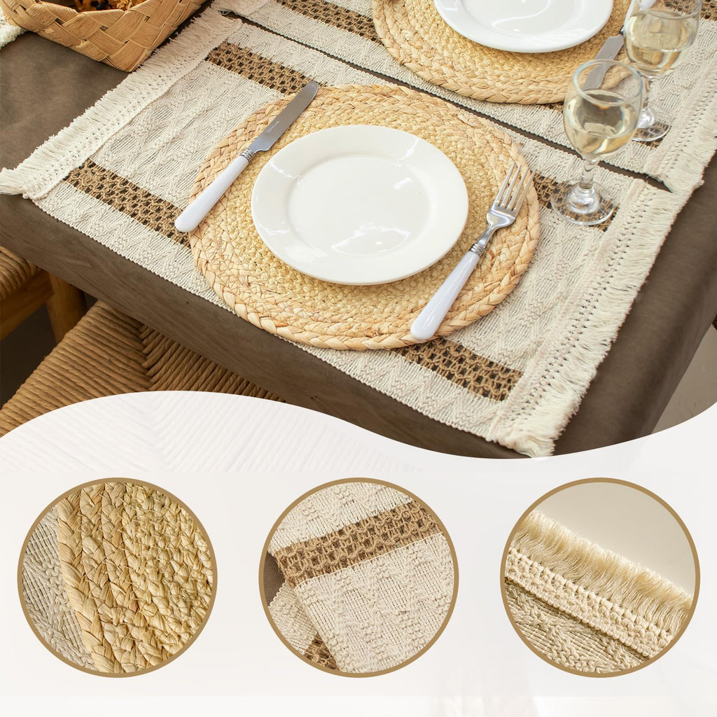 Openwork Placemats with Tassels for Dining Table Decor, Cotton-Linen Blend Rectangle Farmhouse Rustic Style Woven
