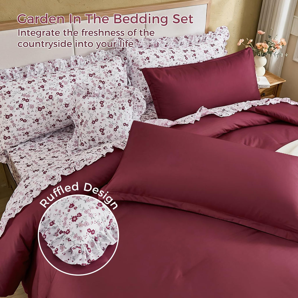 8PC Comforter Set Burgundy, Ruffle Comforter with Floral Sheets