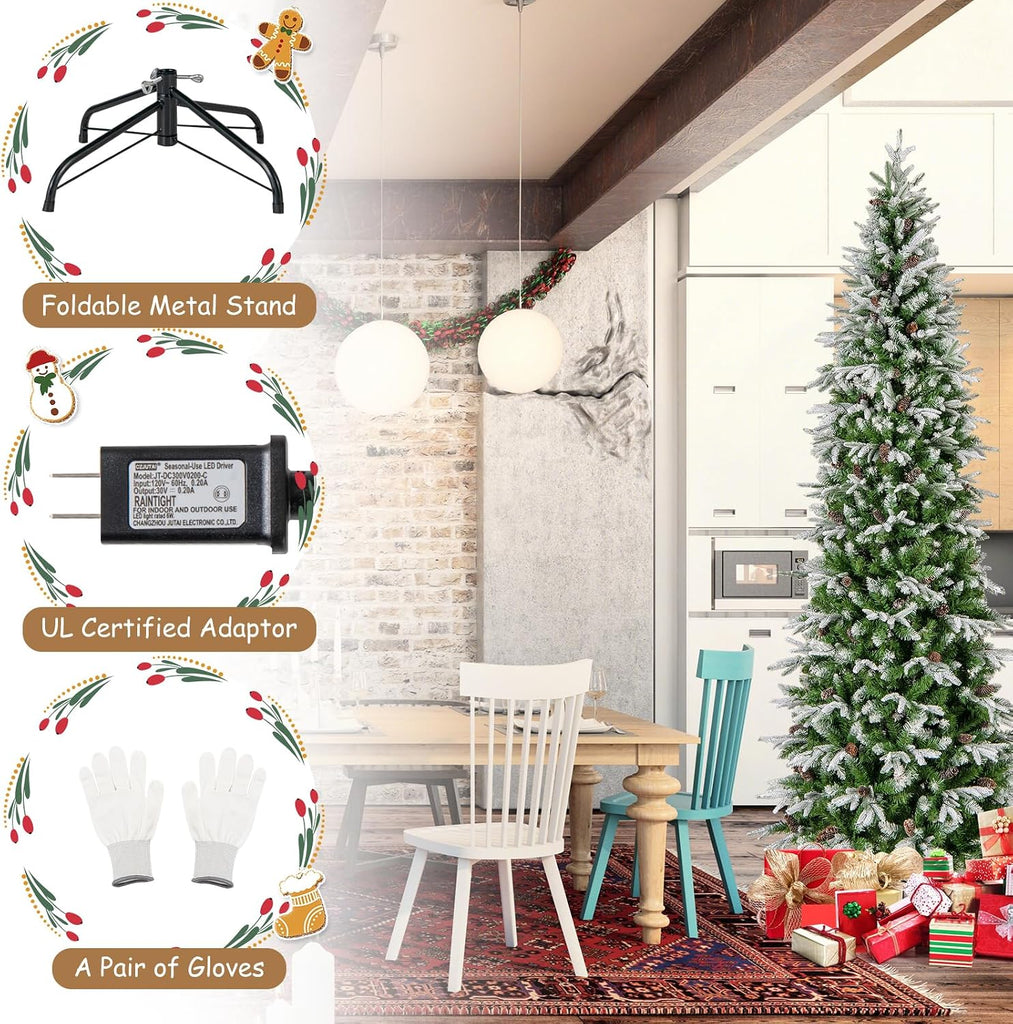 9 FT Pre-Lit Pencil Christmas Tree Snow Flocked, Slim Artificial Xmas Tree with 1310 Branch Tips, 470 LED Lights, 98