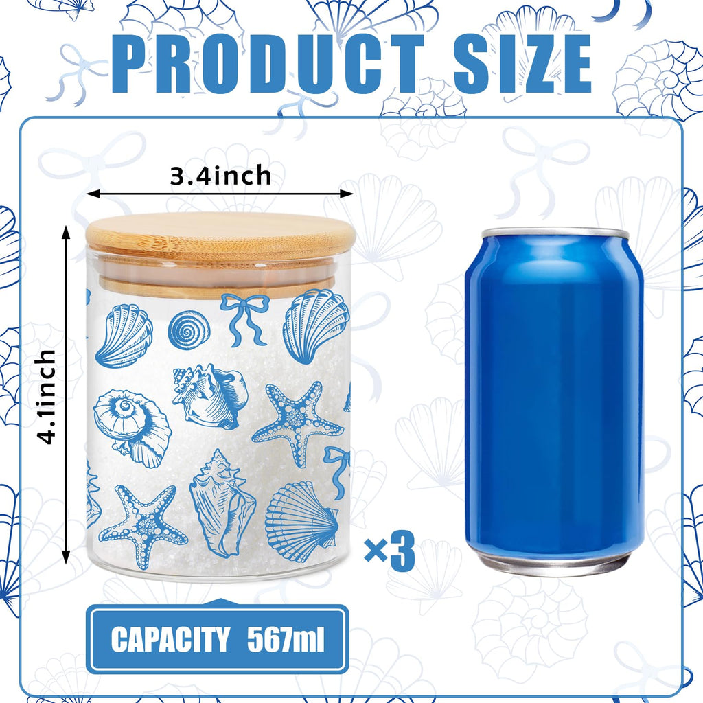 3Pcs Coastal Beach Glass Storage Jars with Airtight Lid Blue Bow Seashell Starfish Conch Decorative Clear Canisters