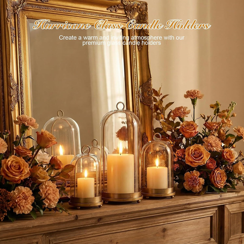 15"&9"&7" Hurricane Glass Candle Holders Set of 3, Metal Candle Holder with Handmade Glass Dome in Brass, Hanging