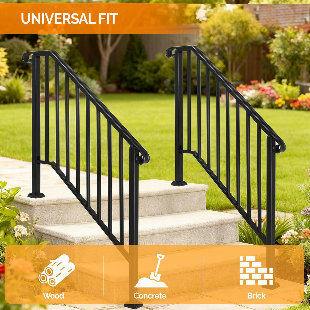 Handrails for Outdoor Steps, Stair Handrail Fits 1 to 5 Steps, Wrought Iron Hand Rail Stair Railing Kit for