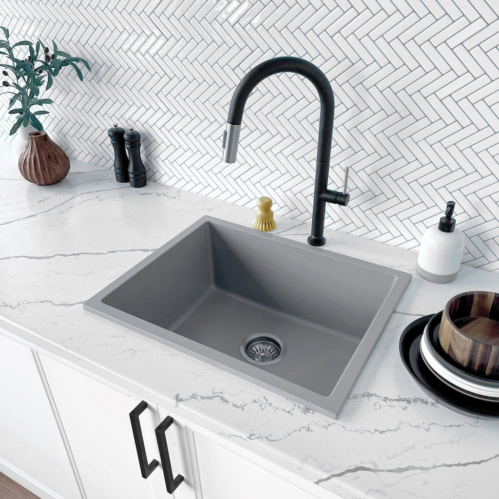 22 x 17.5 Composite Granite Kitchen Sink, Single Bowl Under Mount & Drop in, 8.25 in Deep, Rear-Center Drain, with