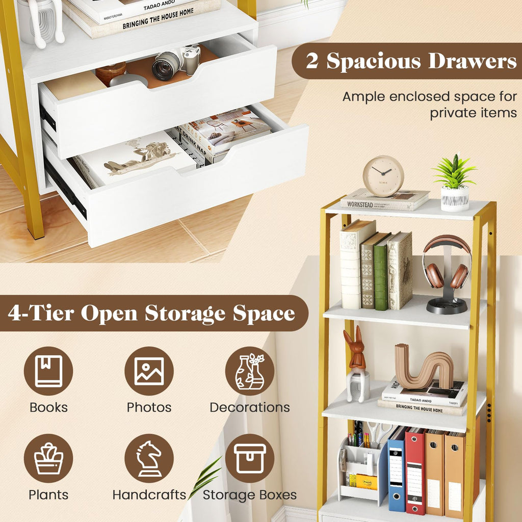 20.5" W 4-Tier Ladder Bookshelf with 2 Drawers, White and Gold