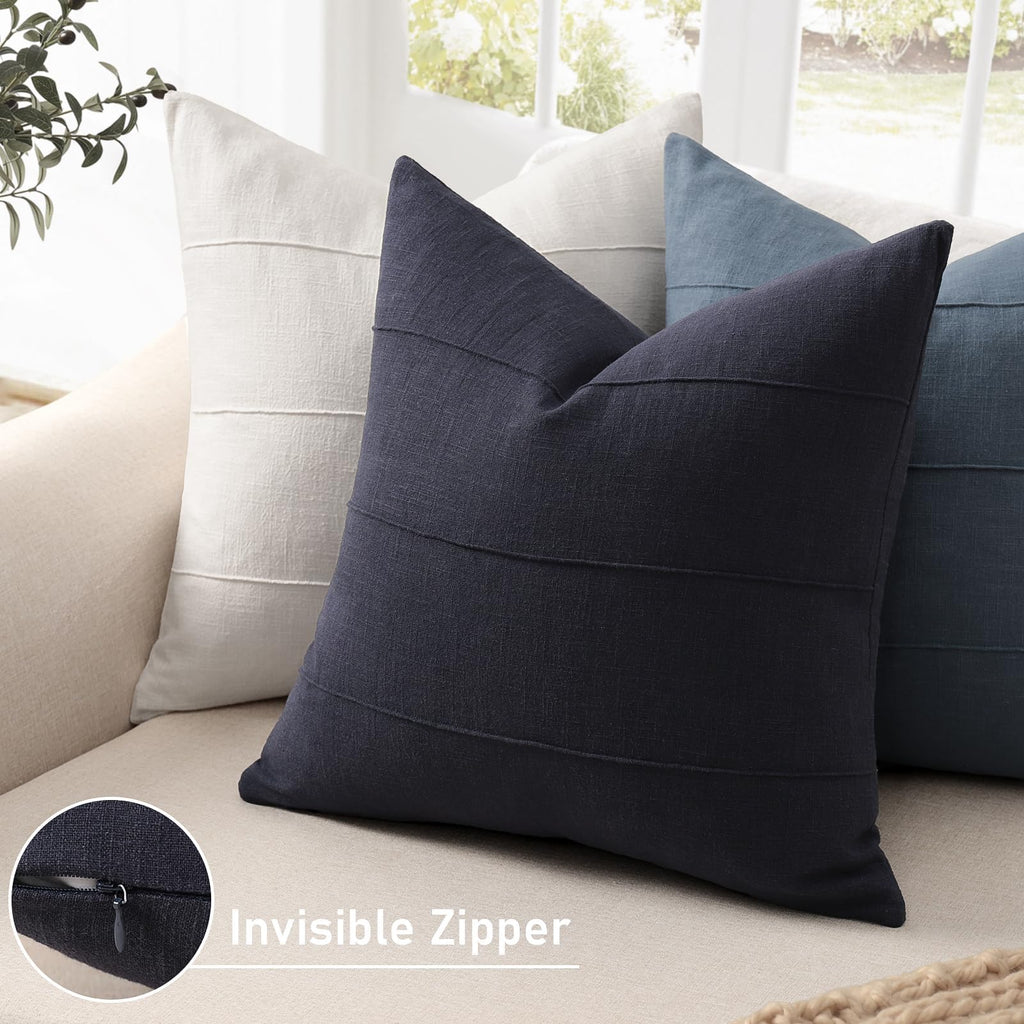 Decorative Linen Throw Pillow Covers 24x24 Set of 2 Solid Handcrafted Striped Cushion Covers for Bed Soft Modern