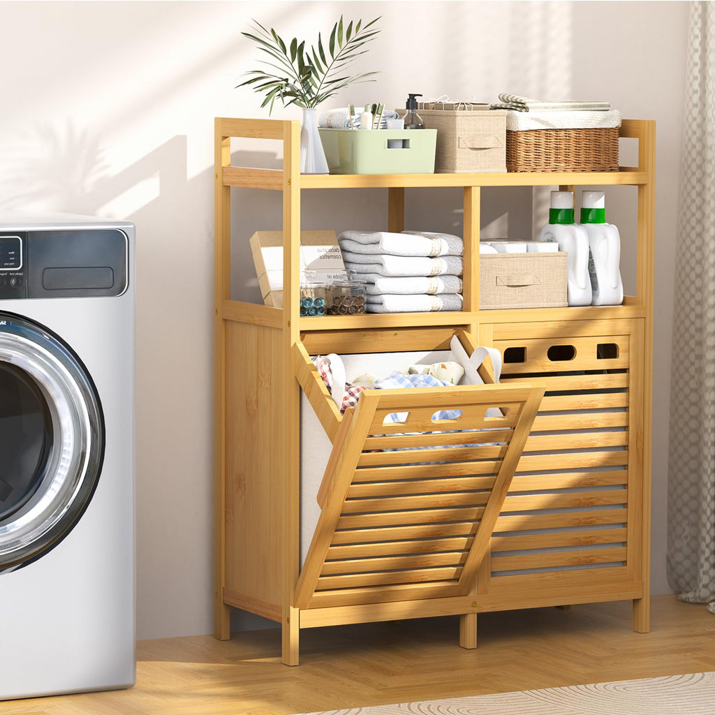 Tilt Out Laundry Hamper Cabinet, Bamboo Double Laundry Hamper with 2 Removable Laundry Baskets, 20 Gal Laundry Sorter