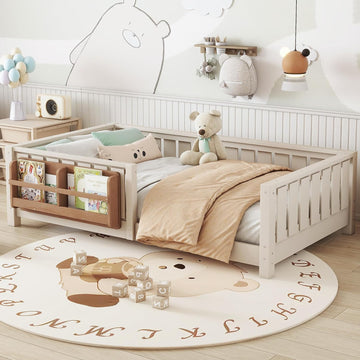 Kids Montessori Bed with Bookshelf, Solid Wood with Fence and Slats for Girls Boys, Low-Profile, Beige