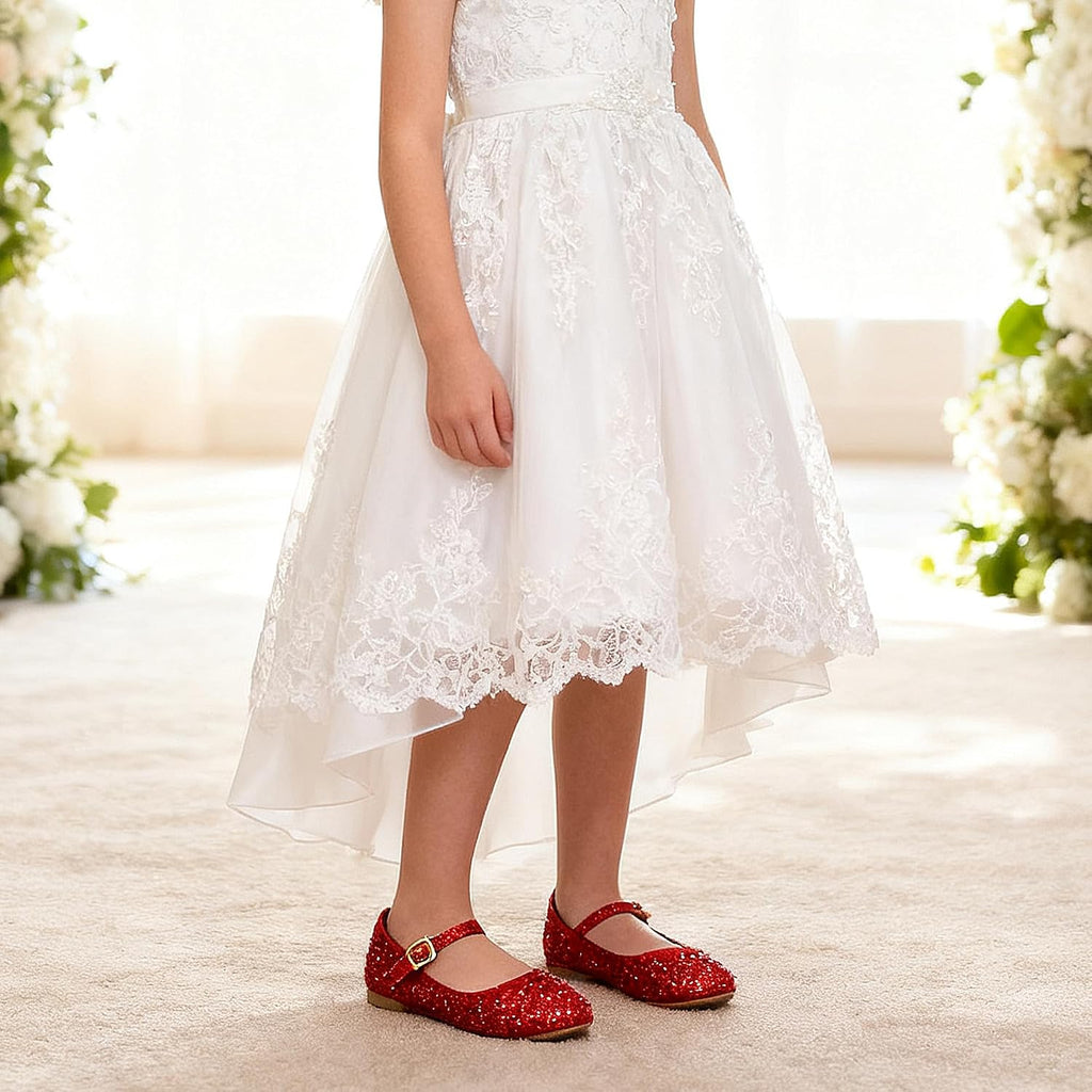 Girls Dress Shoes Sparkle Mary Jane Ballet Flats with Rhinestone Princess Flower Wedding Shoes