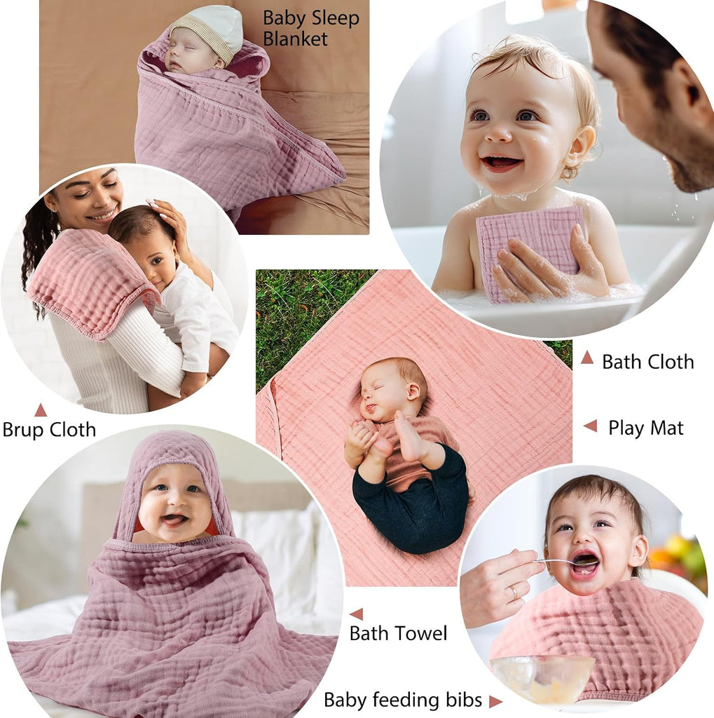 6 Pcs Muslin Hooded Baby Bath Towel and Washcloth Set,Pink, Rose