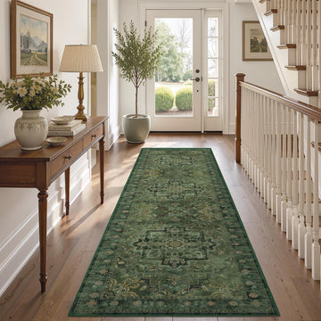 Retro Green 3x8 Rug Runners Non Slip, Distressed Medallion Carpet Runners 8ft, Low Pile Thin Runner Rug Non Slip