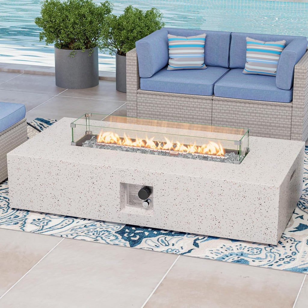 Outdoor Propane Fire Pit Table, 56" x 28" Rectangle, Terrazzo White | Concrete-Like Finish, Certified, 50,000 BTU