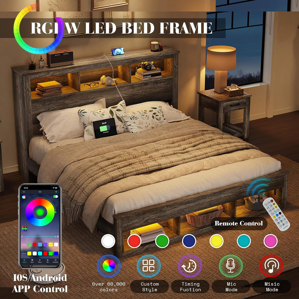 King Bed Frame with 47.2" Bookcase Storage Headboard & Footboard, Farmhouse Wooden Platform Bed with LED Light &