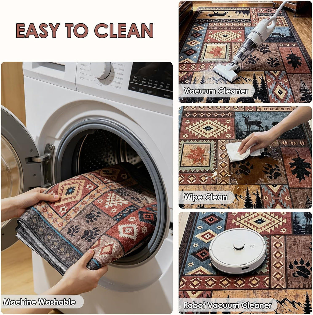 Rustic Cabin Area Rug, Washable Southwestern Country Lodge Bear Rug, Non-Slip Low Pile Wildlife Animal Carpet