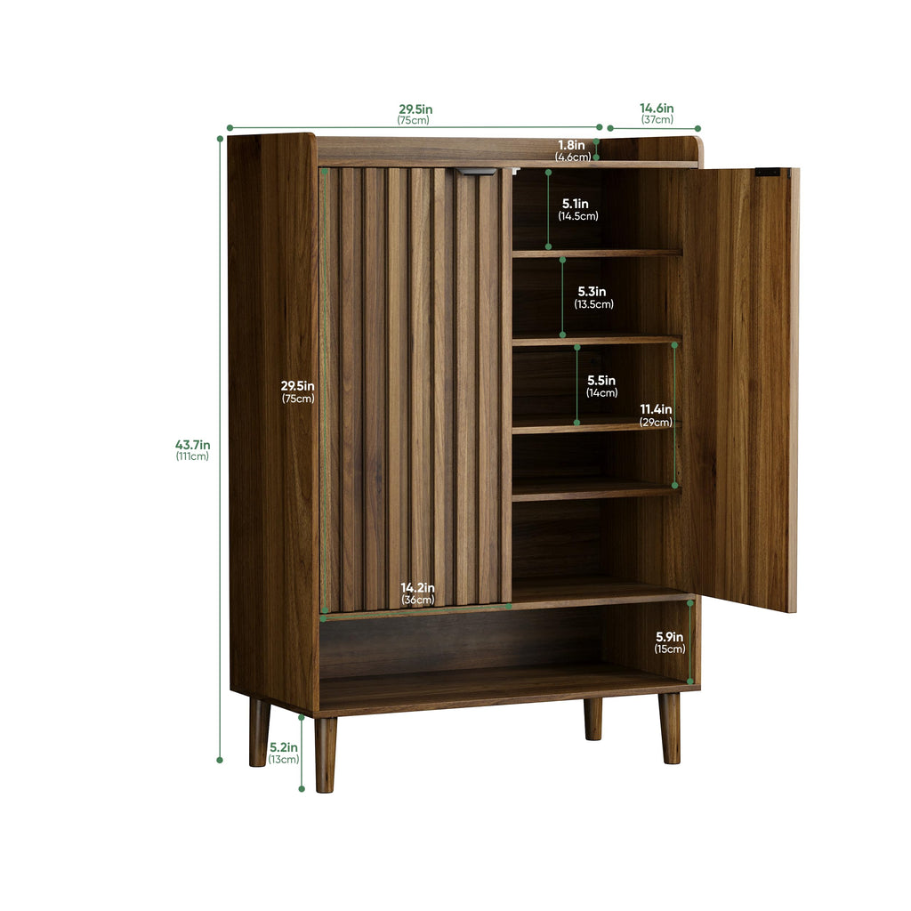 Large 6-Tier Shoe Storage Cabinet with Fluted 2 Doors, 44" Tall Freestanding Entryway Shoe Cabinet with Adjustable