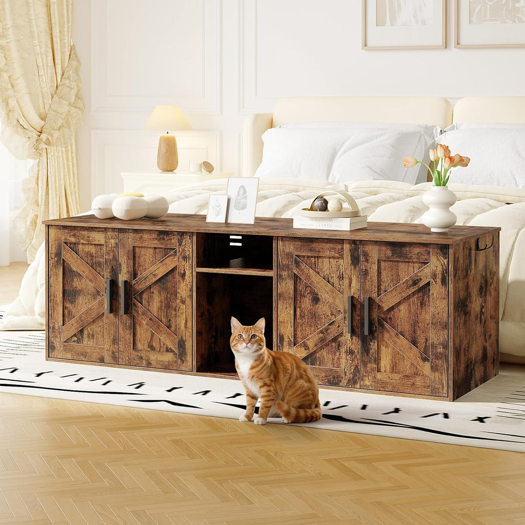 Double Litter Box Enclosure, Hidden Litter Box Enclosure with Corridor, Cat Litter Box Furniture with Storage Layer