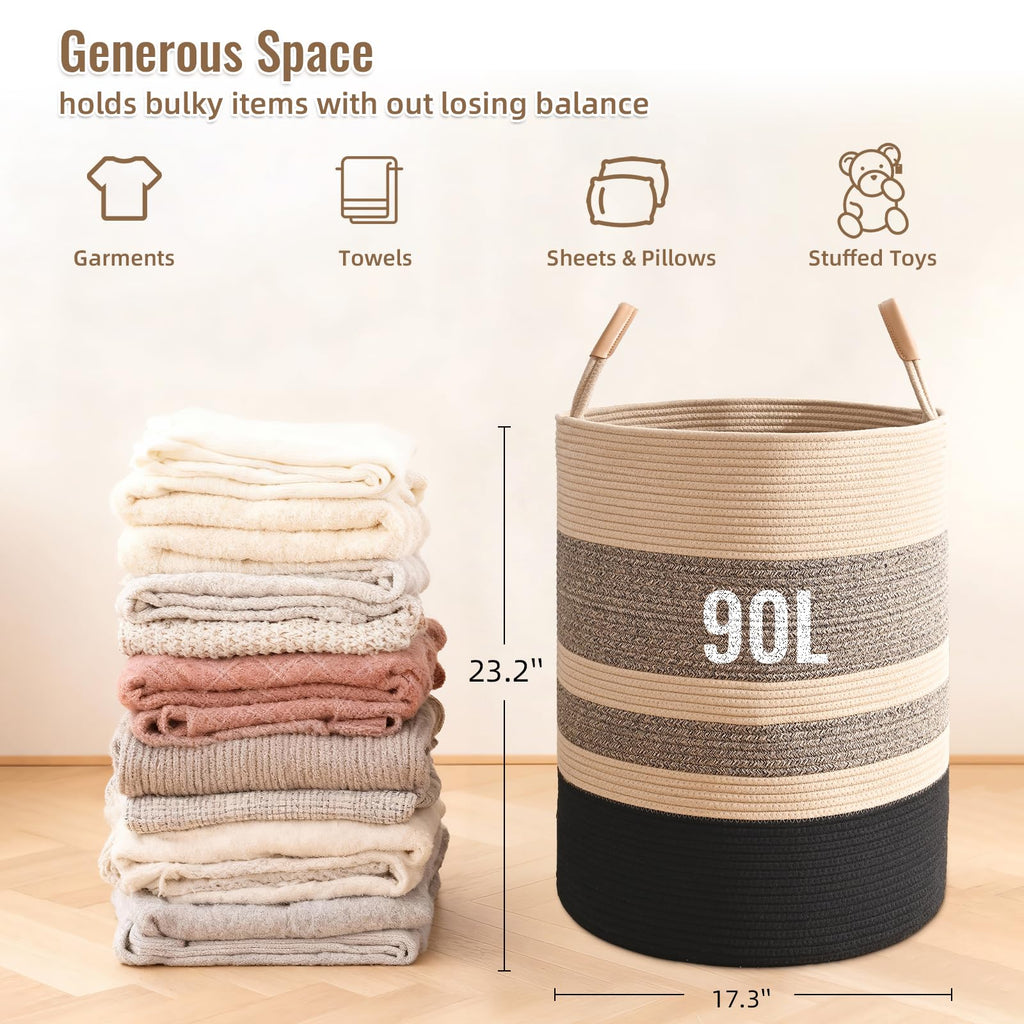 Large Laundry Basket, Laundry Hamper with Leather Handles, 90L Woven Dirty Clothes Hamper, Rope Hampers, Barthroom