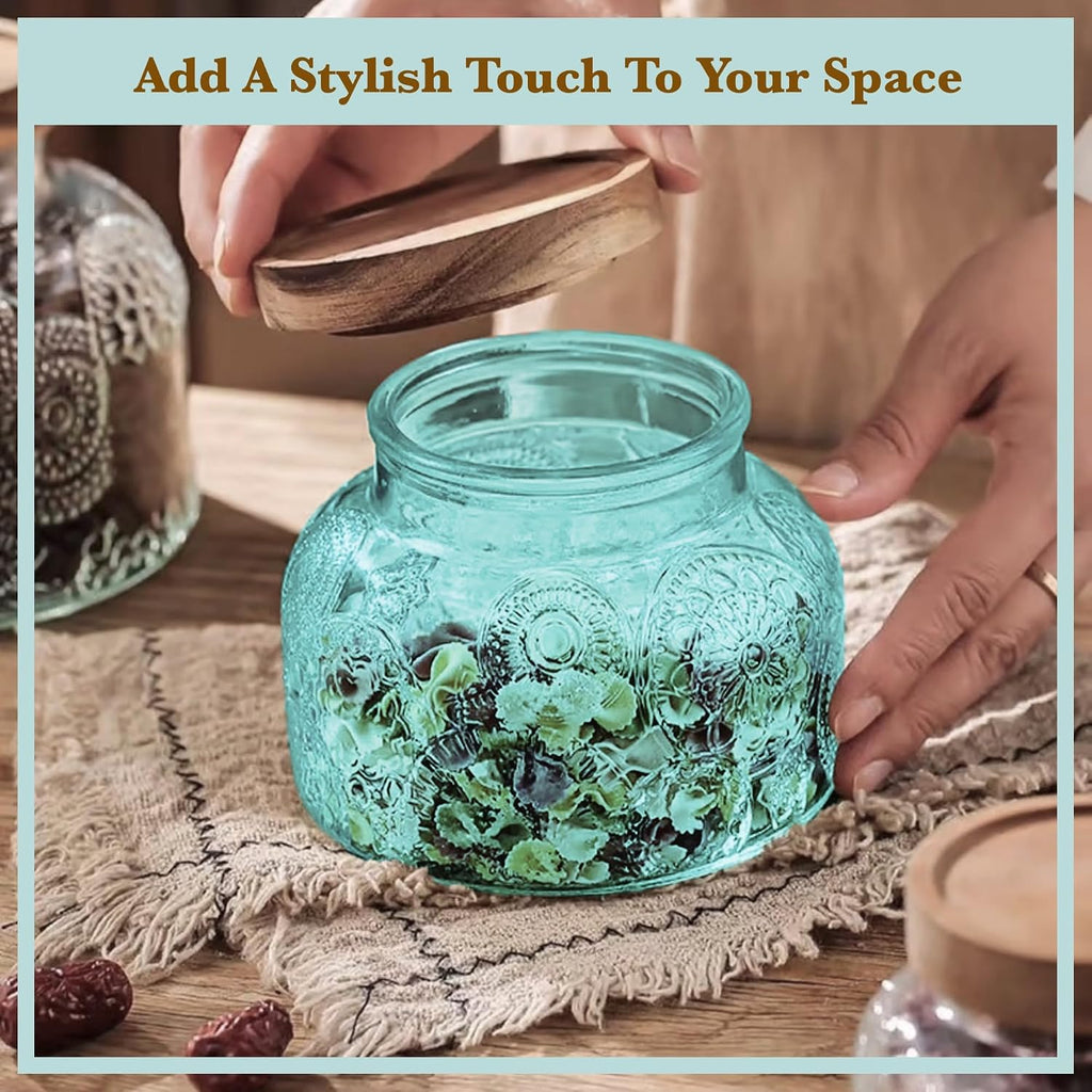 Decorative Blue Embossed Glass Jar with Airtight Wooden Lid, 25.4 fl. oz