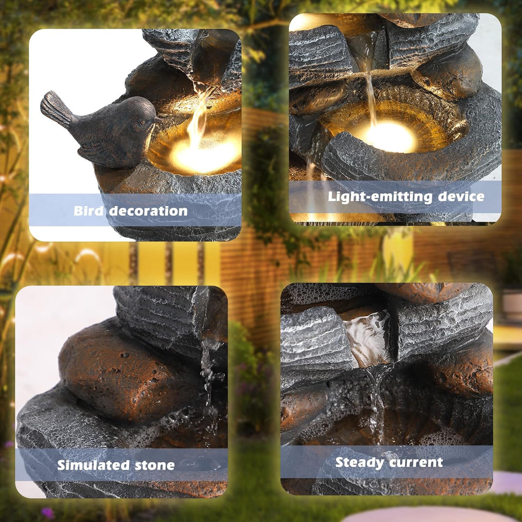 Outdoor 5-Tiers Cascading Rock Water Fountain, Waterfall Fountain with 4 LED Lights