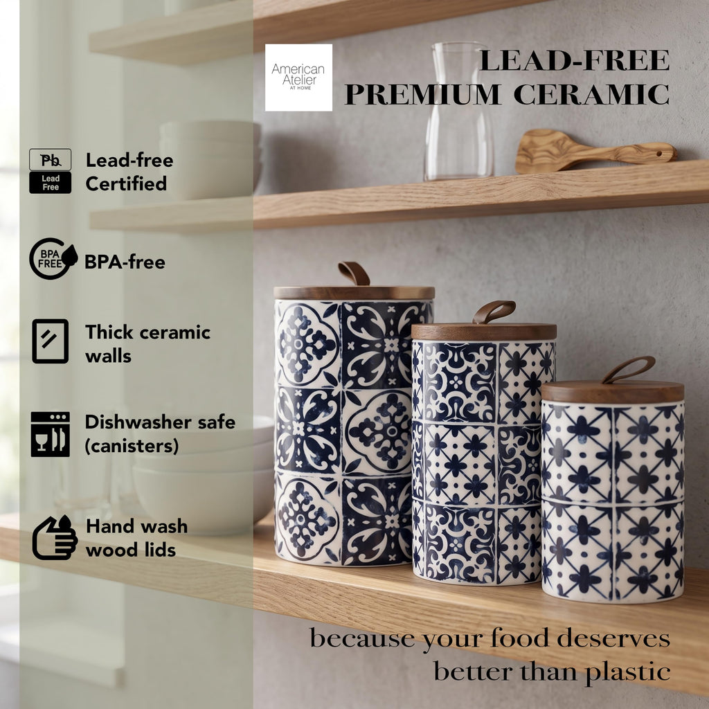 Ceramic Kitchen Canister Set w/Lids Medallions, Blue, 3PC