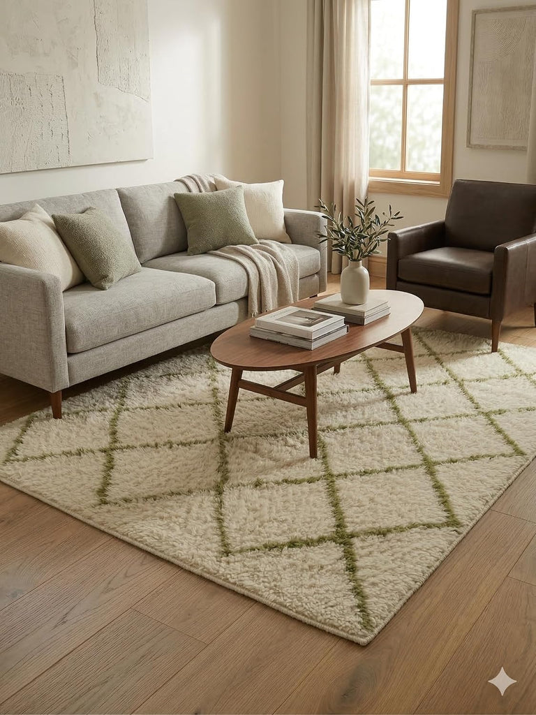 Handmade Moroccan Berber Area Rug 5' x 7', 100% Wool High Pile Shag, Beni Ourain Style, Ivory/Cream with Green