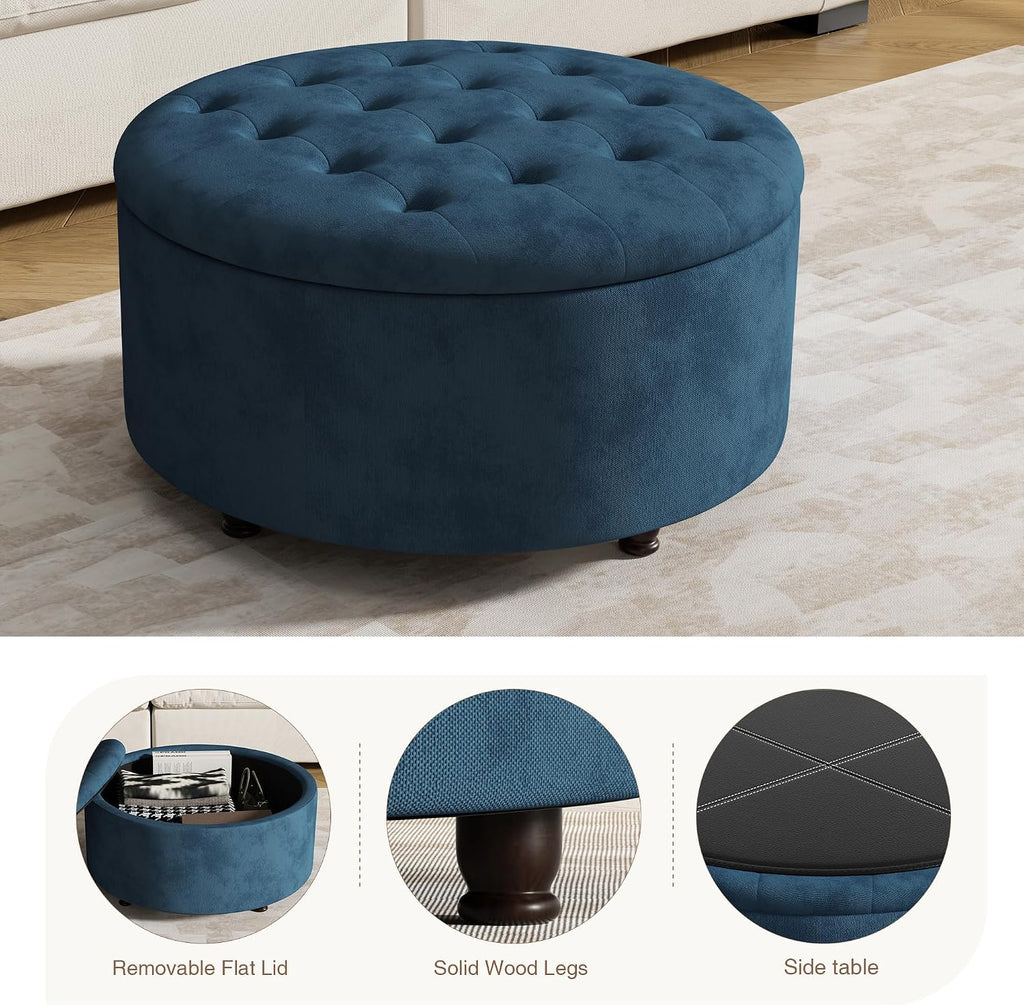 30 Inch Round Storage Ottoman,Modern Blue Tufted Ottomans,Circular Coffee Table with Removable Top,Upholstered Large