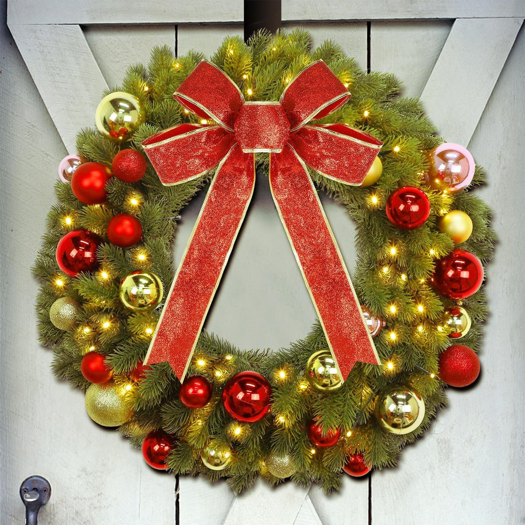 21 Inch Pre-Lit Christmas Wreath with Metal Hanger, Lighted Xmas Folded Wreath with 60 LED Lights, Red Bow
