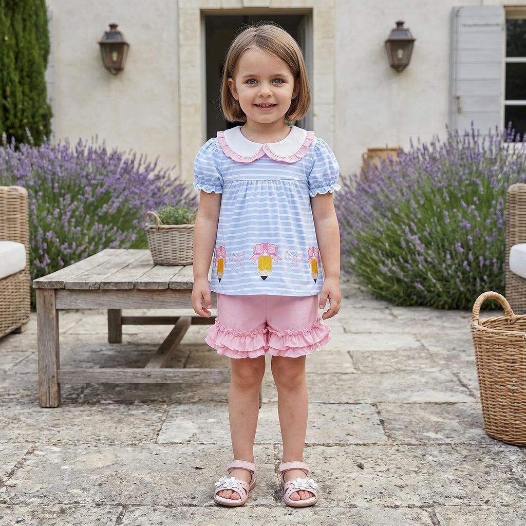 Toddler Girls Back to School Pencil Embroidered Ruffle Shorts Set