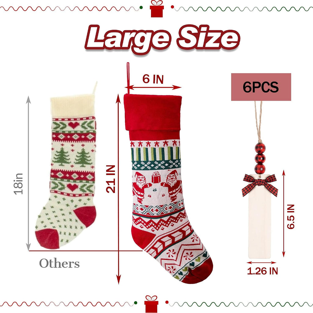 6 Pack Christmas Stockings, 21 Inches Large Cable Knitted Stockings, Snowflake Reindeer Snowman Christmas Tree