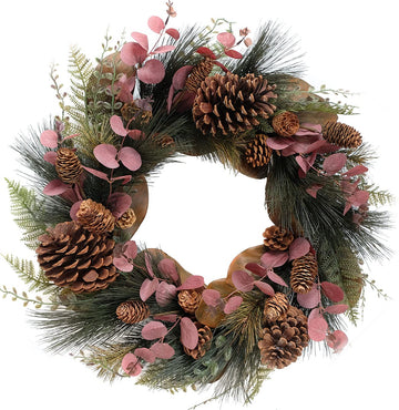 20 inch Winter Wreath Magnolia Leaves Red Eucalyptus Leaves with Pine Needle Pine Cone Wreath for Front Door Harvest