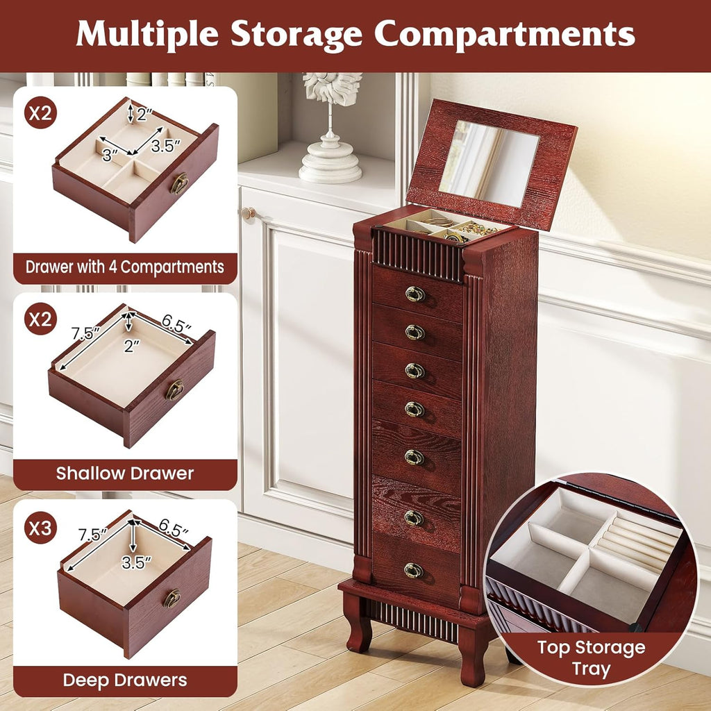 Standing Jewelry Armoire Cabinet, Large Jewelry Organizer Chest with 7 Drawers, 2 Swing Doors, 12 Necklace Hooks &