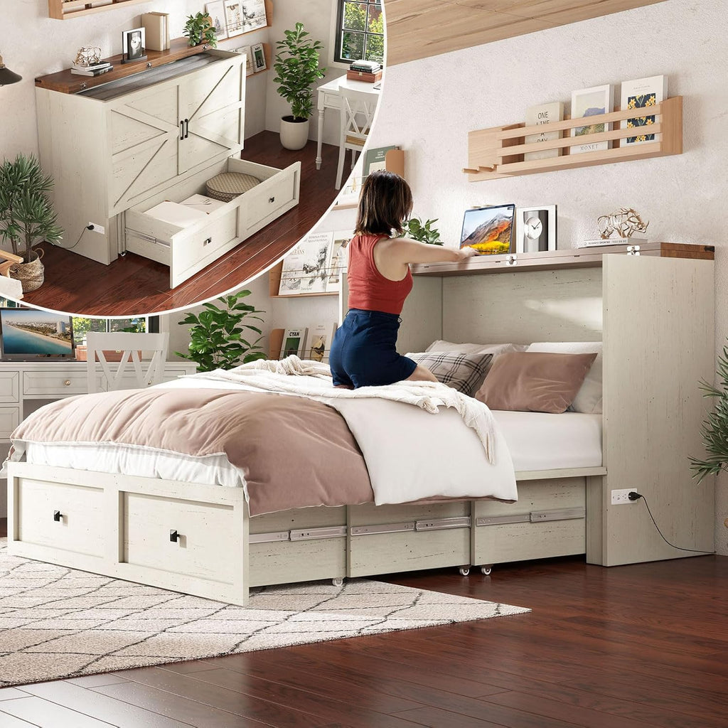 Queen Murphy Bed with Storage & Charging Station, Farmhouse Murphy Cabinet with Foldable Panel, Noisy Free, for Guest