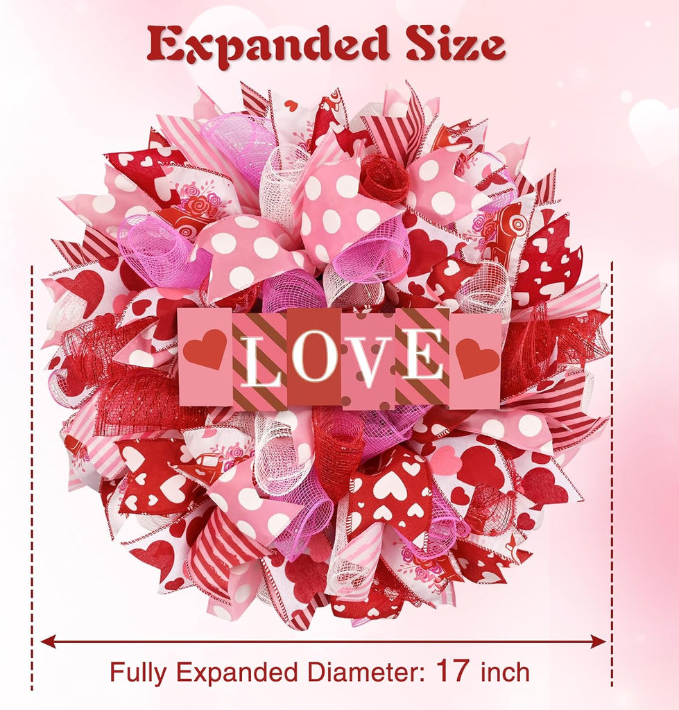 17 Inch Valentines Day Mesh Wreath,Valentines Wreaths for Front Door with Love Wooden Sign Fishnet Yarn, Valentines