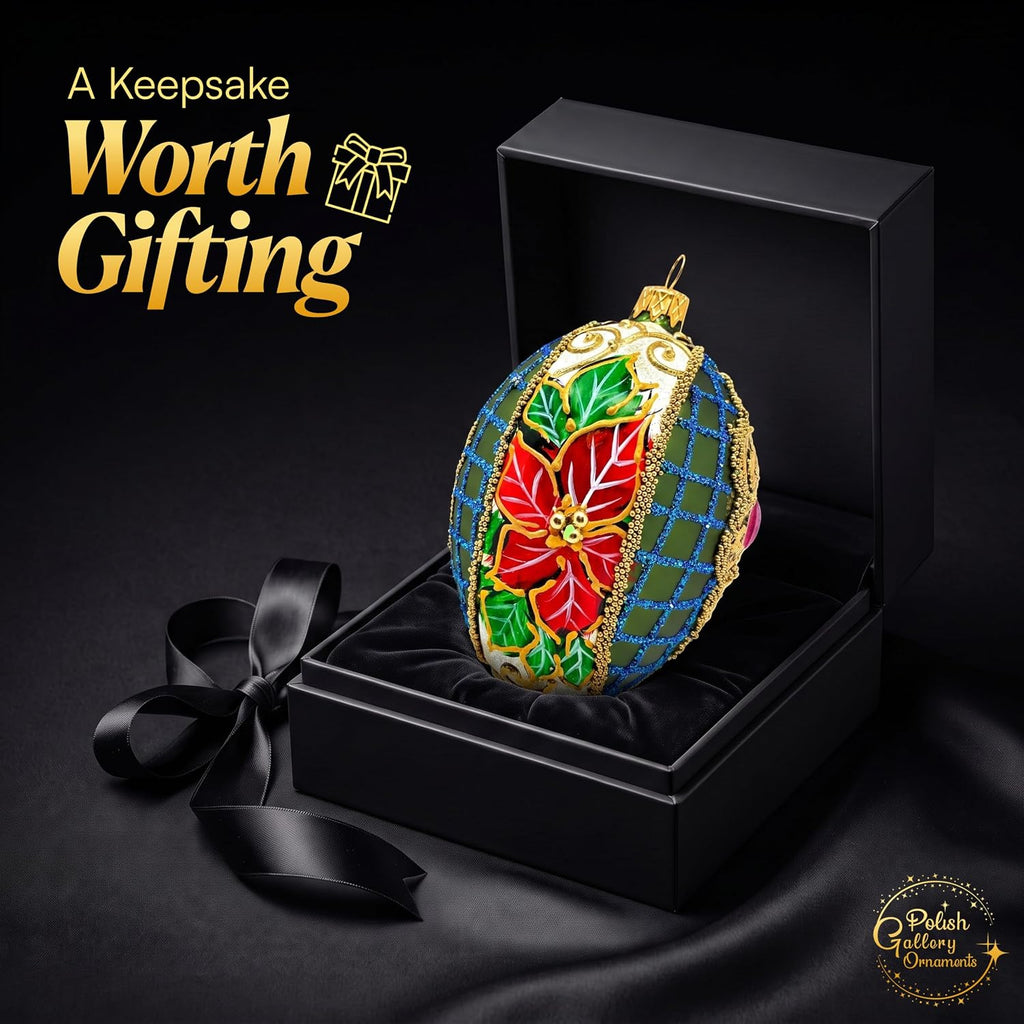 5 Inch Olive Matte Red Poinsettia Fabergé Style Egg | Vintage Ornament | Mouth Blown and Hand Painted in Poland