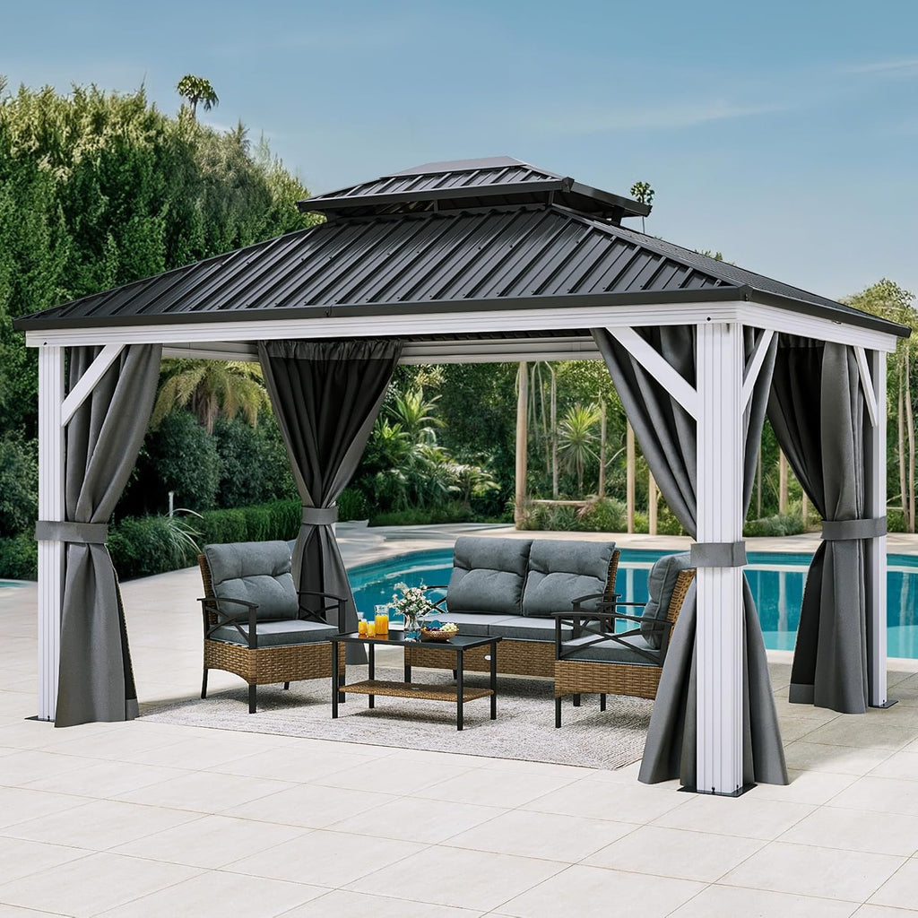 White Gazebo 10x12ft Hardtop Double Roof Canopy Galvanized Iron Aluminum Frame Outdoor Gazebo with Netting and Shaded