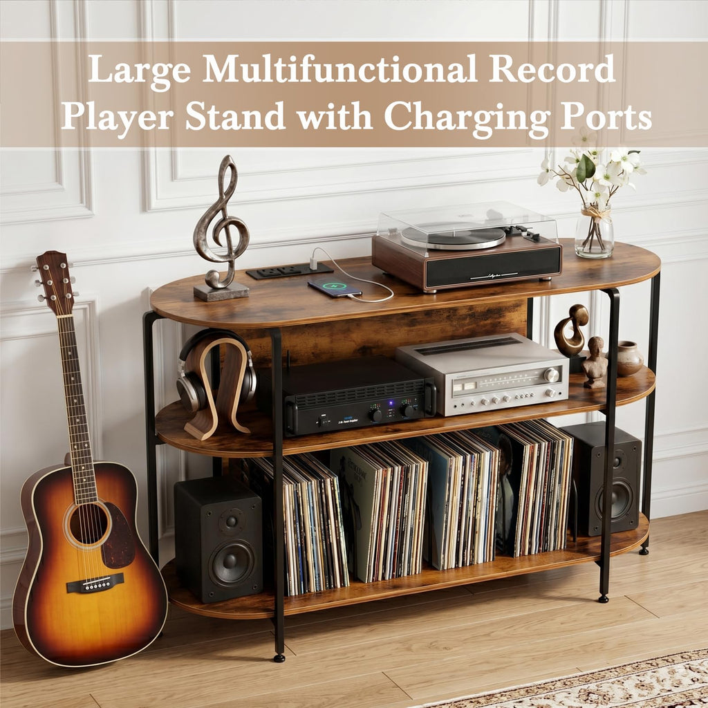 Vinyl Record Player Stand with Power Outlets, 43.3" Mid Century Turntable Stand Console Table, 3-Tier Arc Record
