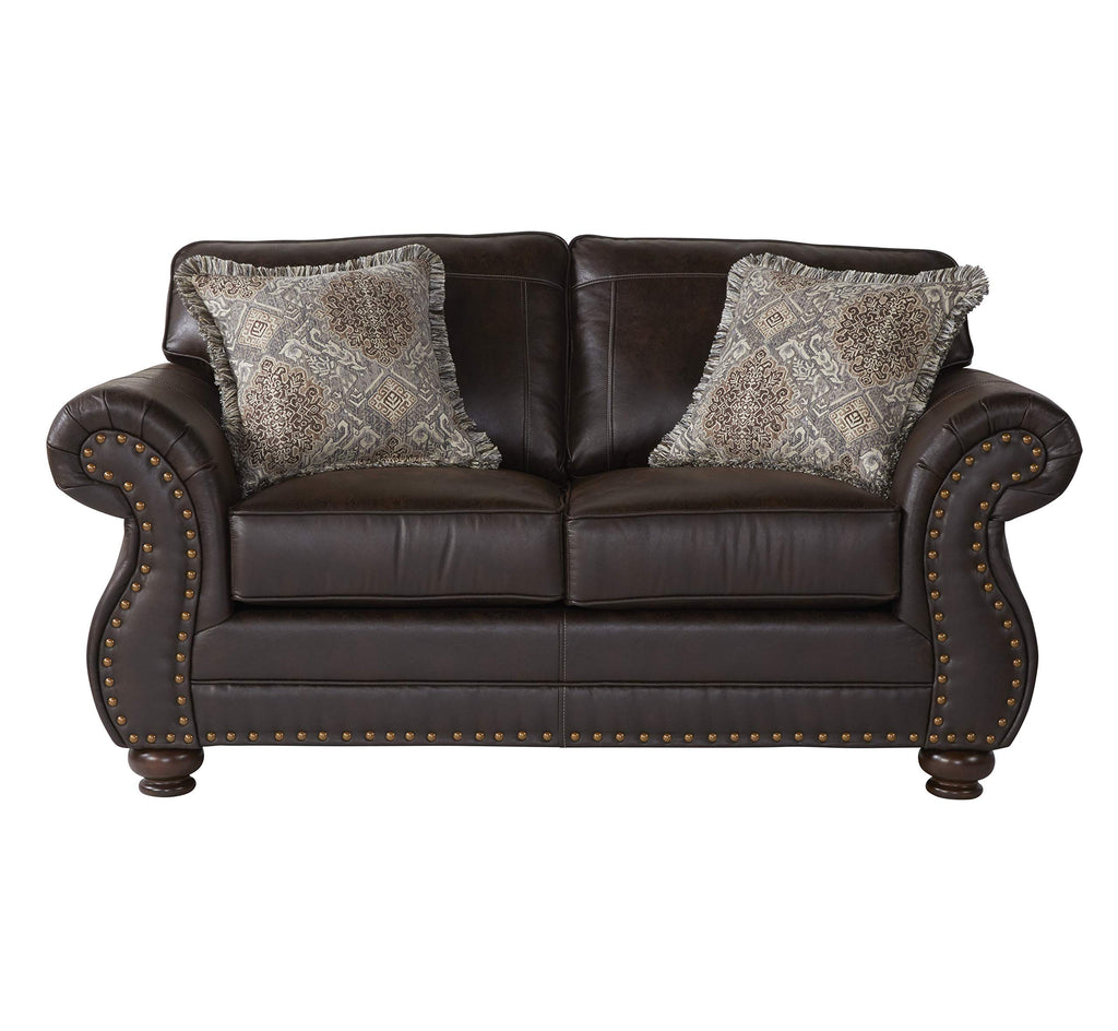 Leinster Faux Leather Sofa and Loveseat with Antique Bronze Nailheads in Espresso