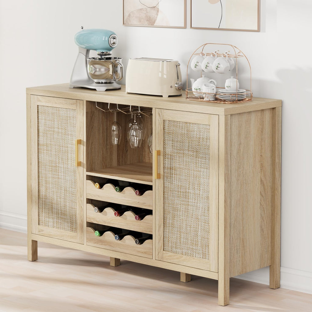Rattan Wine Bar Cabinet, Boho Rattan Home Bar with Glass Holder and Drawer Style Racks, Oak Sideboard Buffet Storage