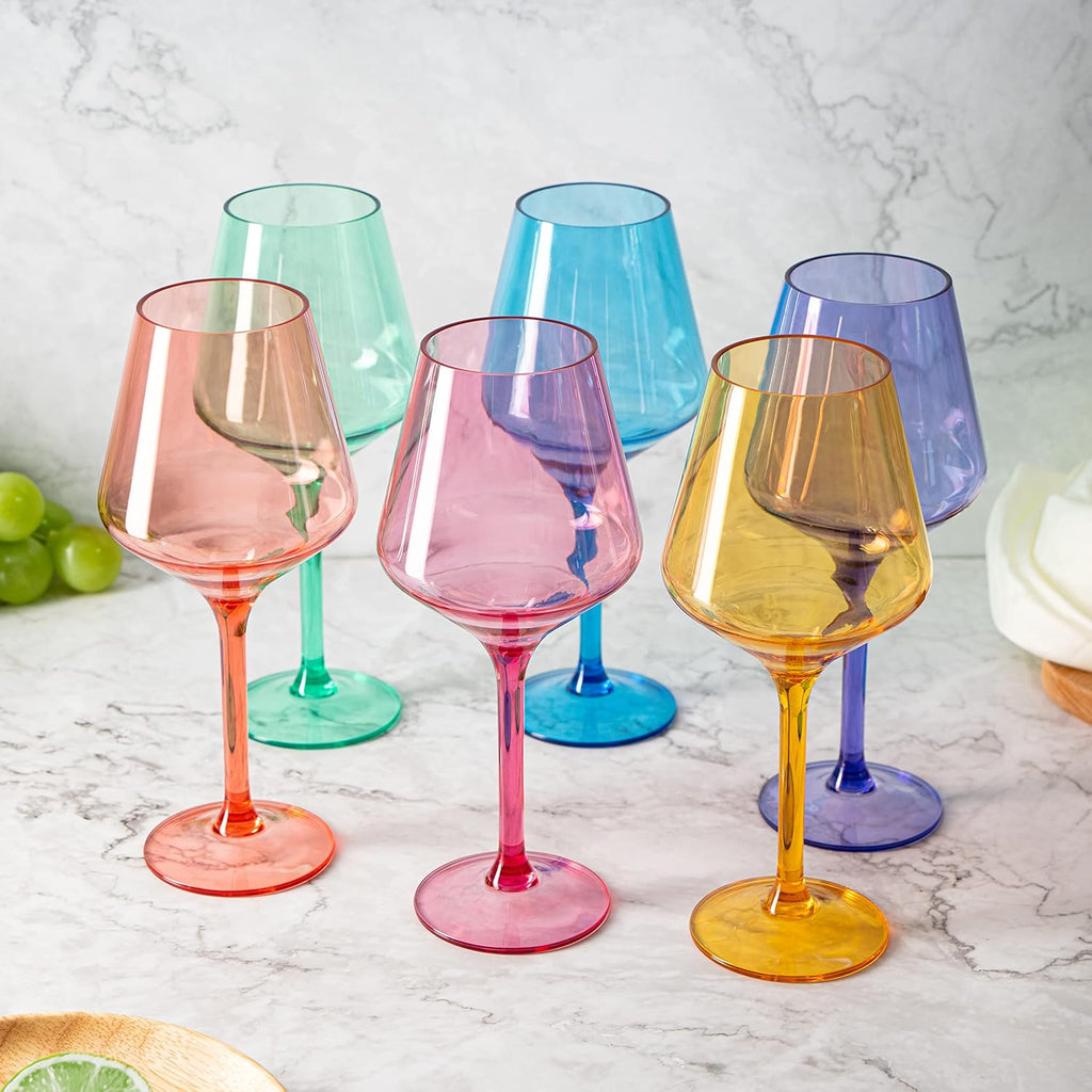 European Style Plastic Crystal, Stemmed Wine Glasses | 6 Set | Acrylic Glasses Tritan Drinkware, Unbreakable Color