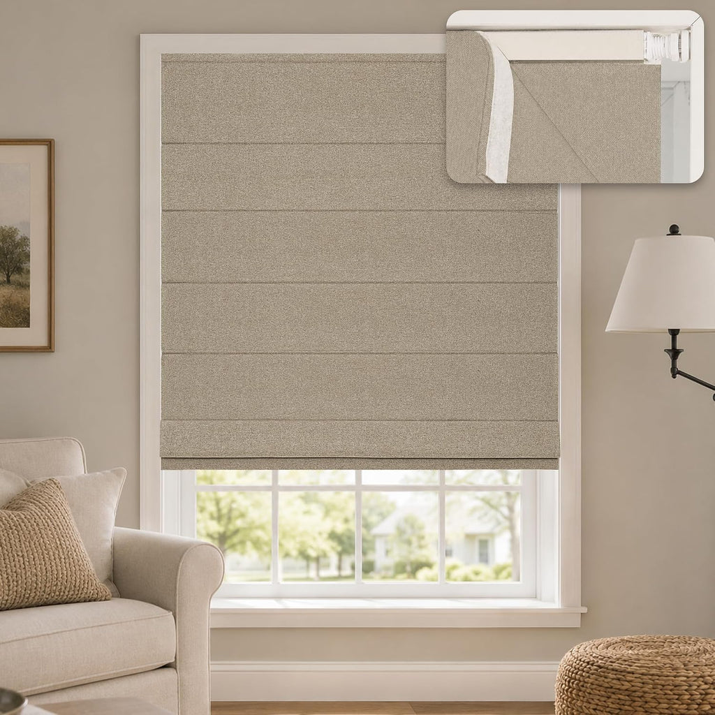 No Drill Cordless Roman Shades for Windows, Brown, 36" W x 48" H | 100% Blackout UV Protection, Linen-Like Polyester