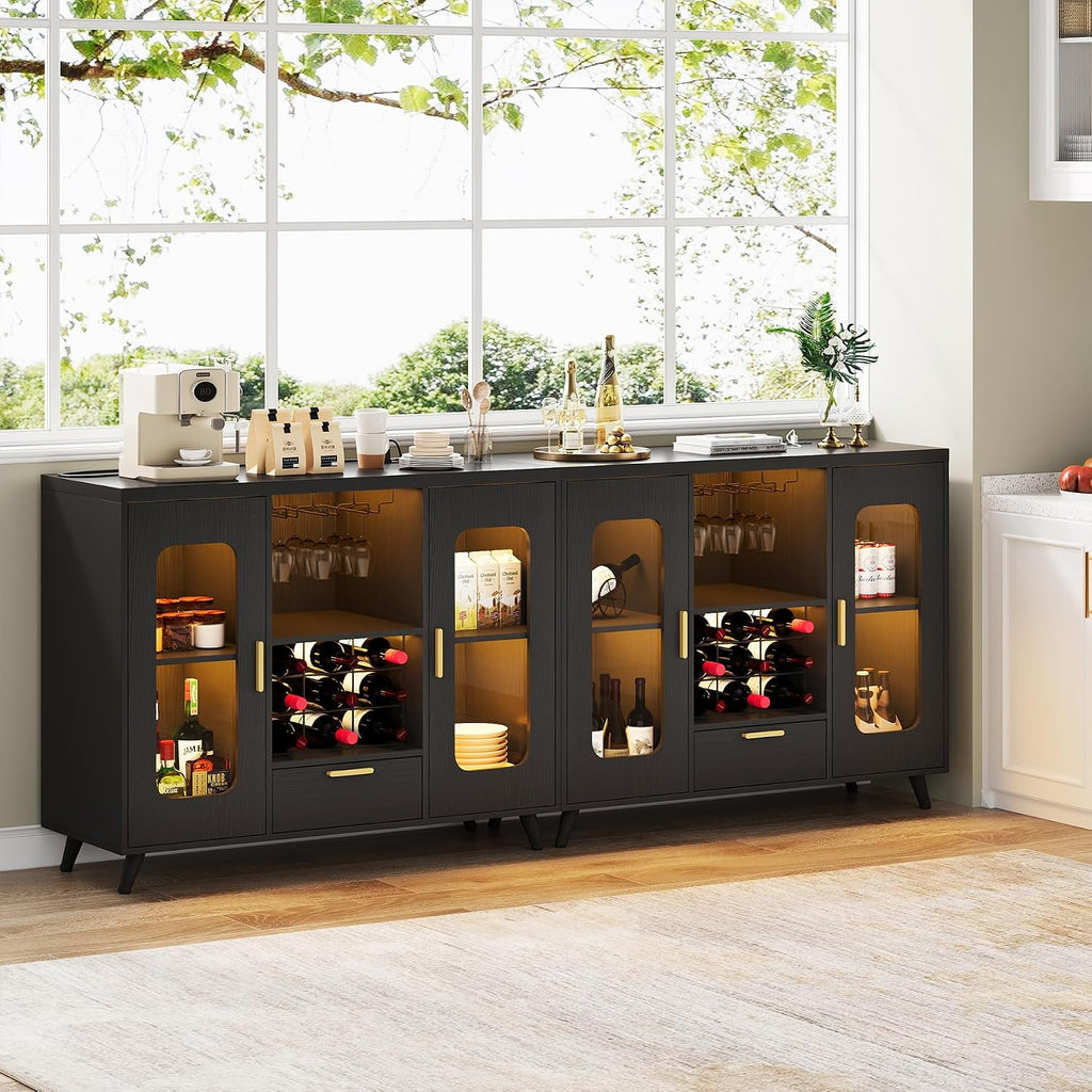 Bar Cabinet with Power Outlets, Modern Coffee Bar Sideboard with LED Light, Farmhouse Liquor Cabinet with Wine Rack