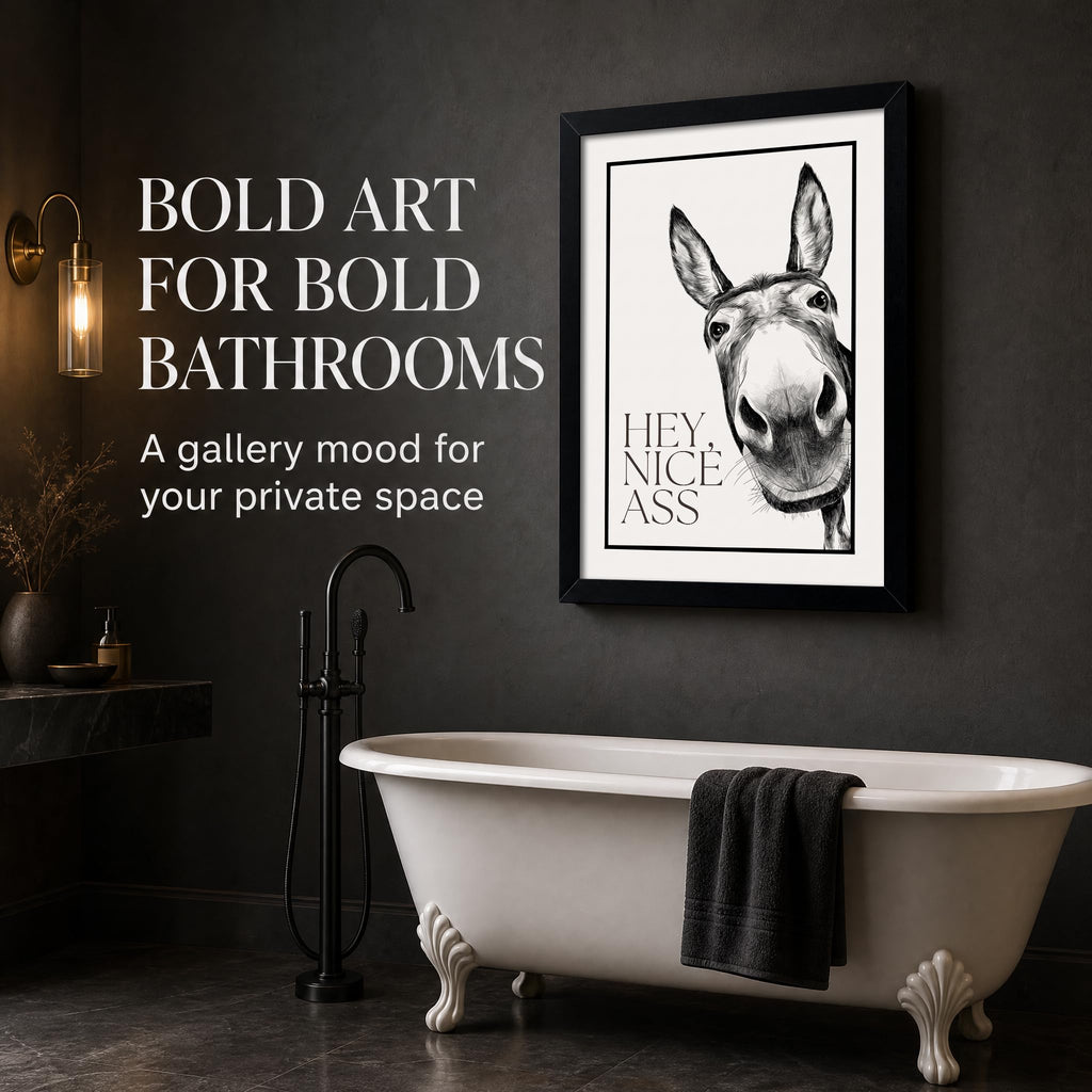 Framed, Funny Animal Bathroom Wall Art, Humorous Donkey Canvas Wall Decor Black and White Bathroom Print Painting