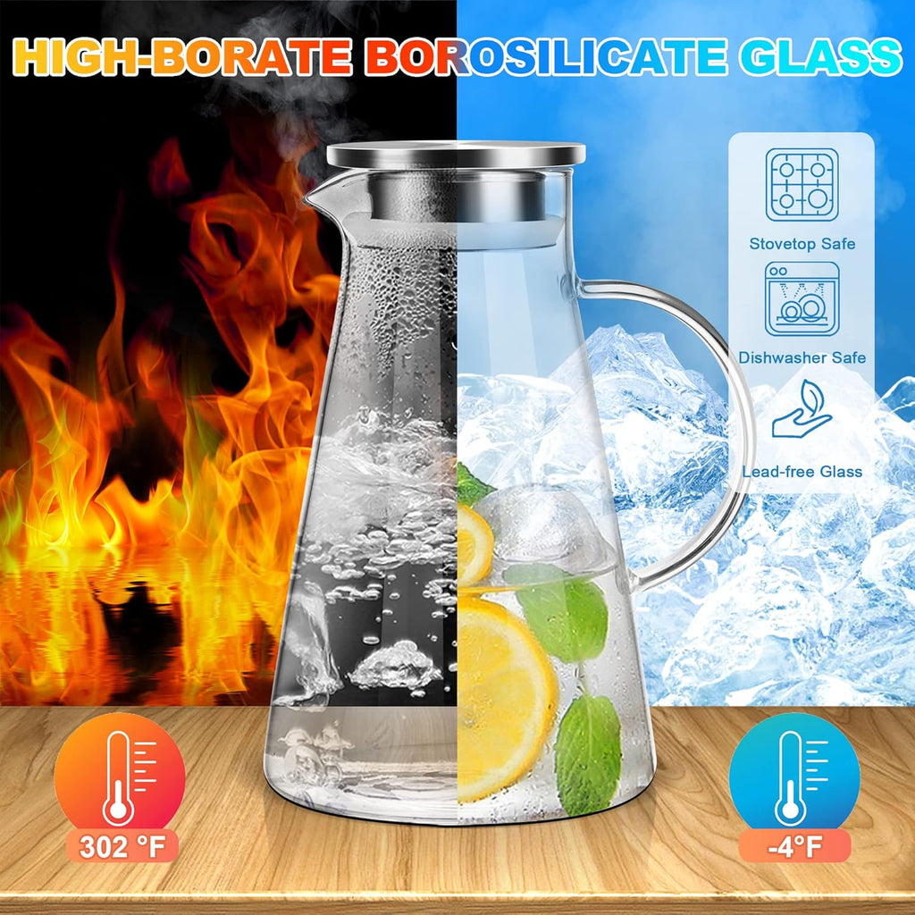 2.0 Liter 68oz Glass Pitcher with Lid, Easy Clean Heat Resistant Glass Water Carafe with Handle for Hot/Cold