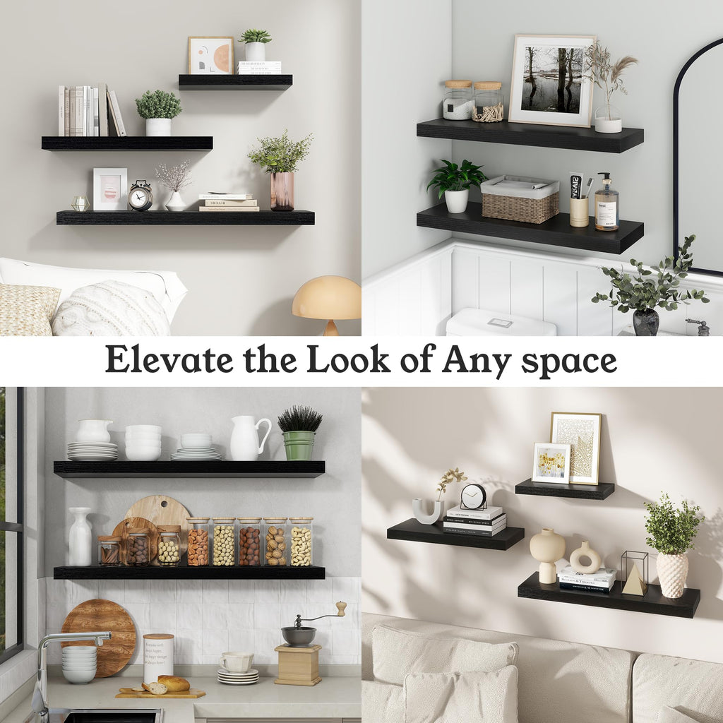 36" Black Floating Shelves Wood Wall Shelf, Black Color, Set of 2
