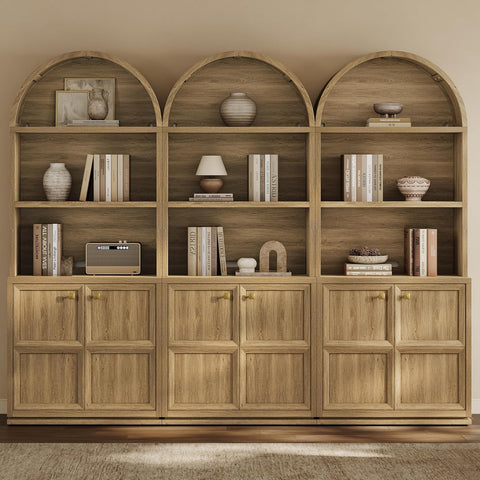 81" Tall Arched Bookcase with Doors, Large Bookshelves with Storage